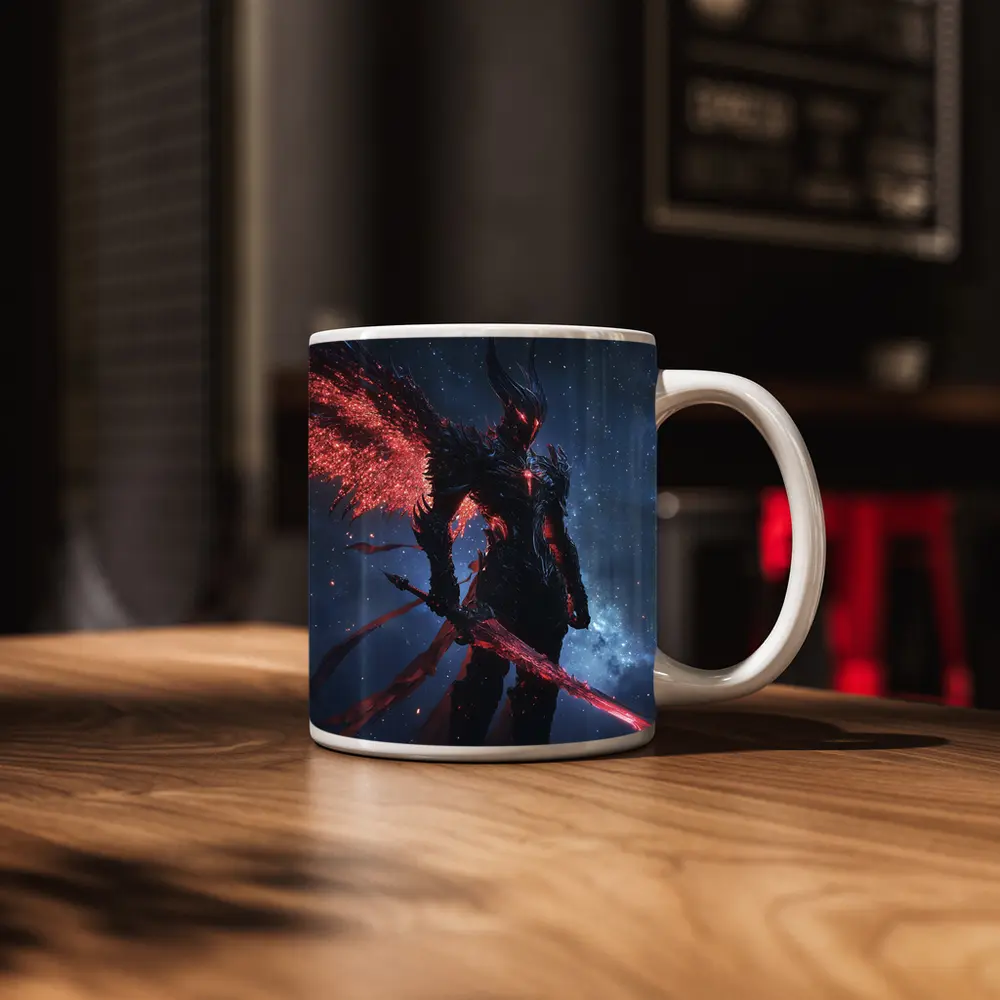Dark Winged Warrior Red Glowing Spear Stars – Mugs