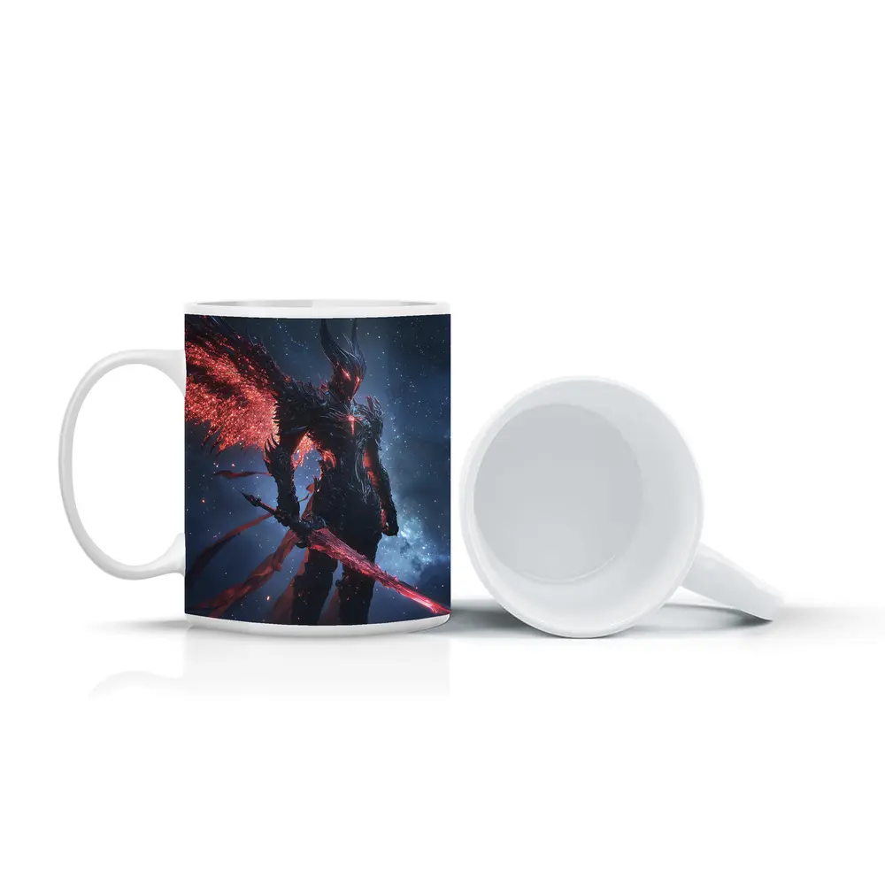 Dark Winged Warrior Red Glowing Spear Stars – Mugs