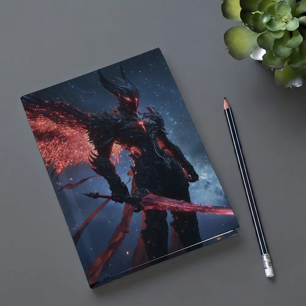 Dark Winged Warrior Red Glowing Spear Stars – Notebooks