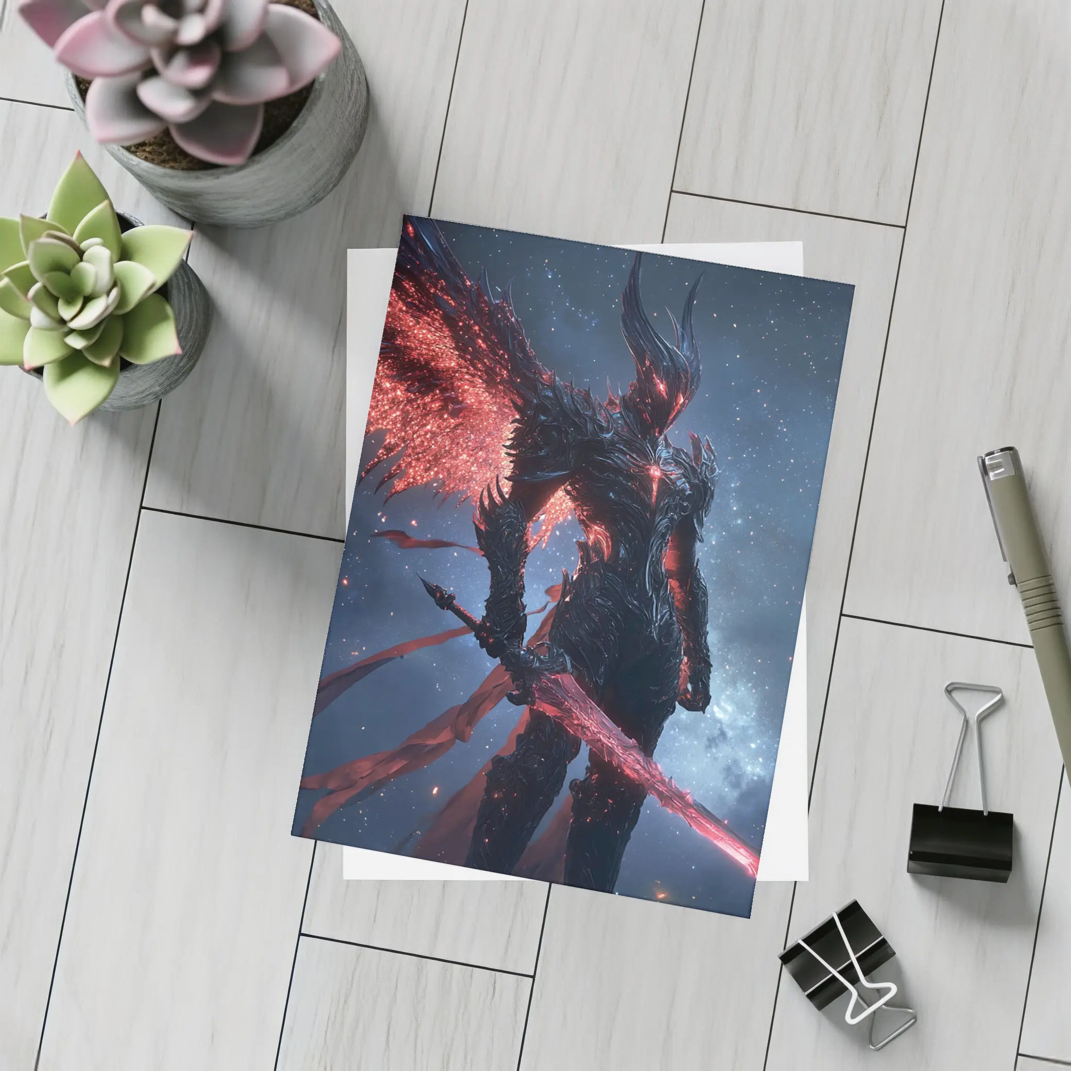 Dark Winged Warrior Red Glowing Spear Stars – Postcards