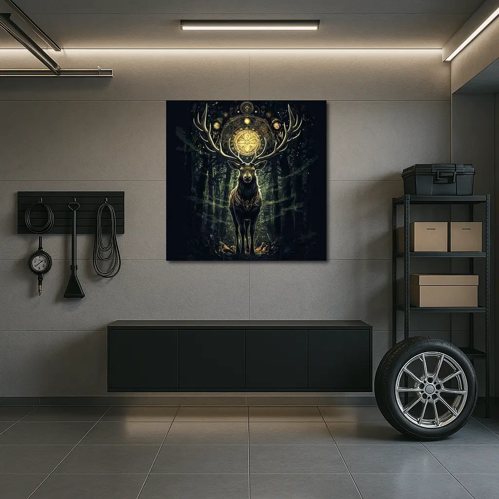 Mystic Stag Dark Forest Gold Mandala – Wall Art