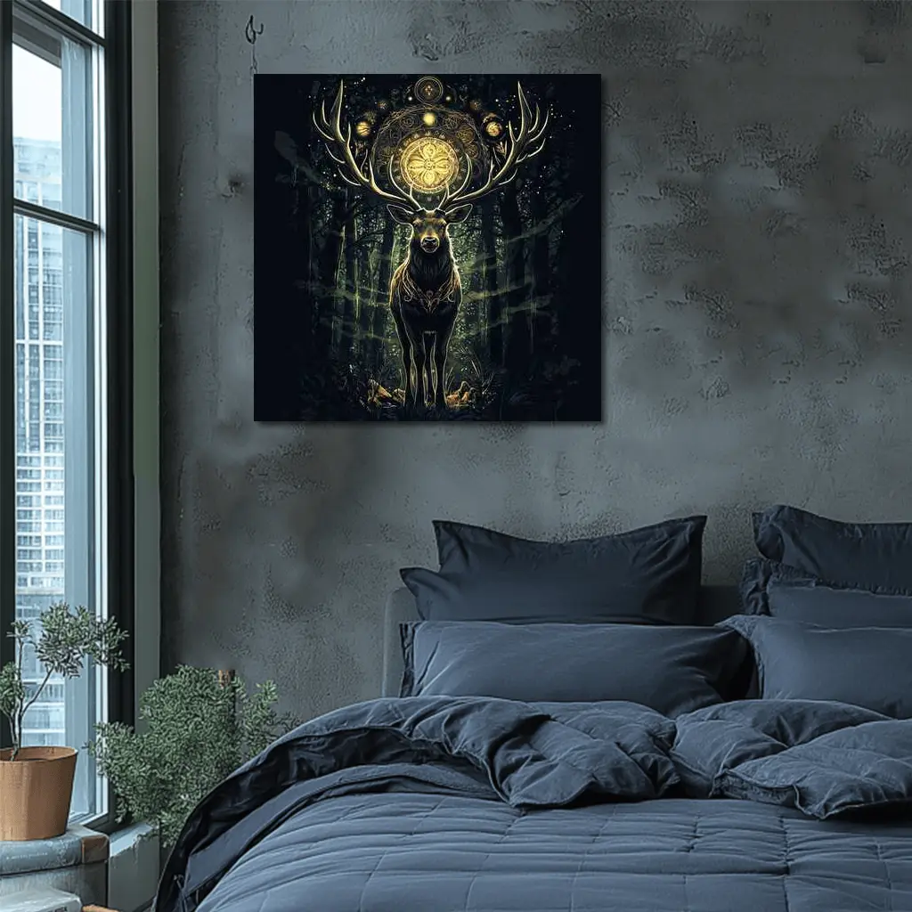 Mystic Stag Dark Forest Gold Mandala – Wall Art