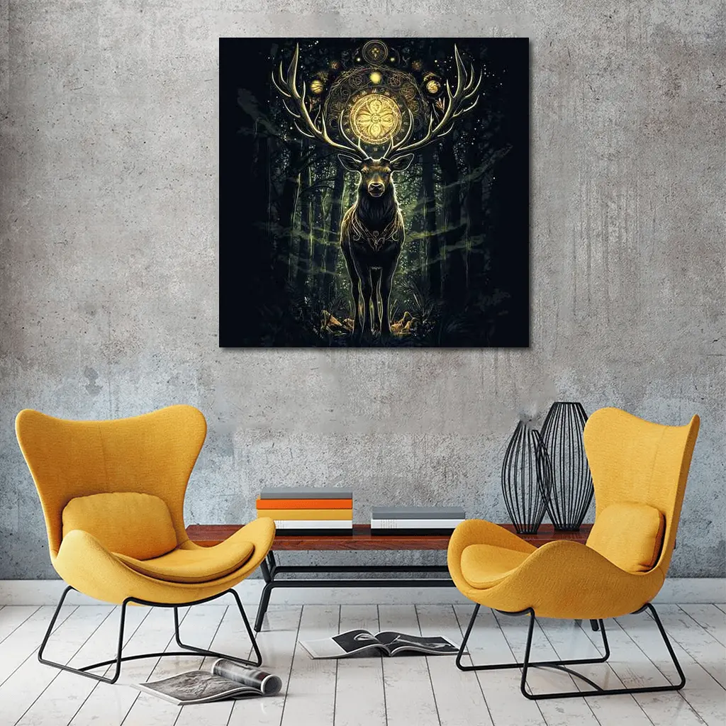 Mystic Stag Dark Forest Gold Mandala – Wall Art