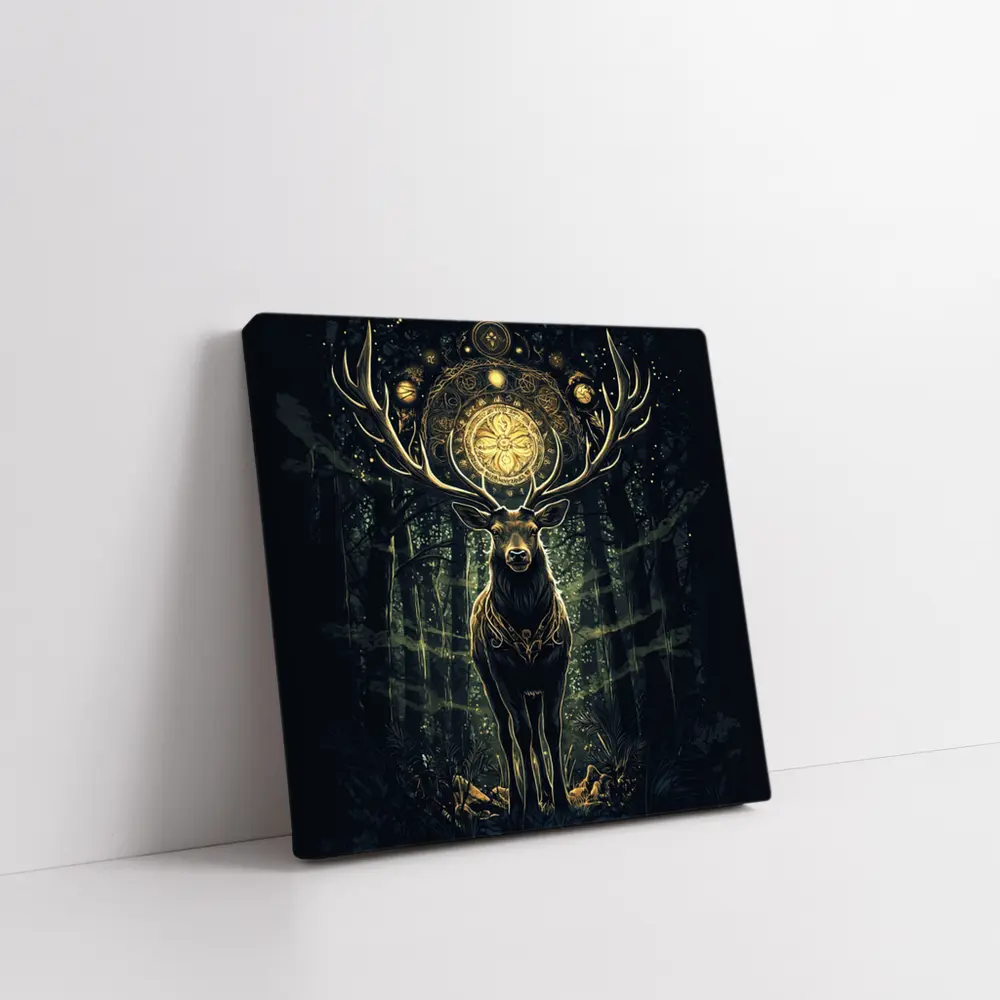 Mystic Stag Dark Forest Gold Mandala – Wall Art