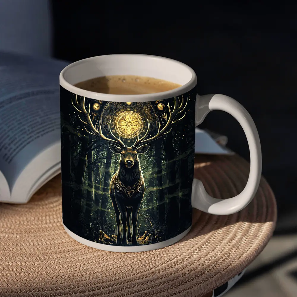 Mystic Stag Dark Forest Gold Mandala – Mugs