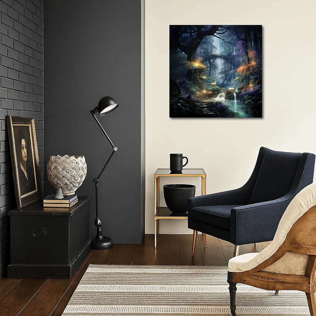 Enchanted Forest Deer by Glowing Waterfall – Wall Art