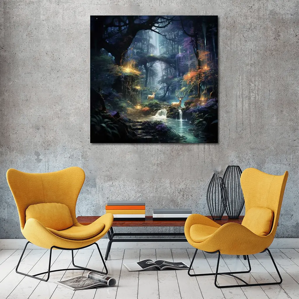 Enchanted Forest Deer by Glowing Waterfall – Wall Art