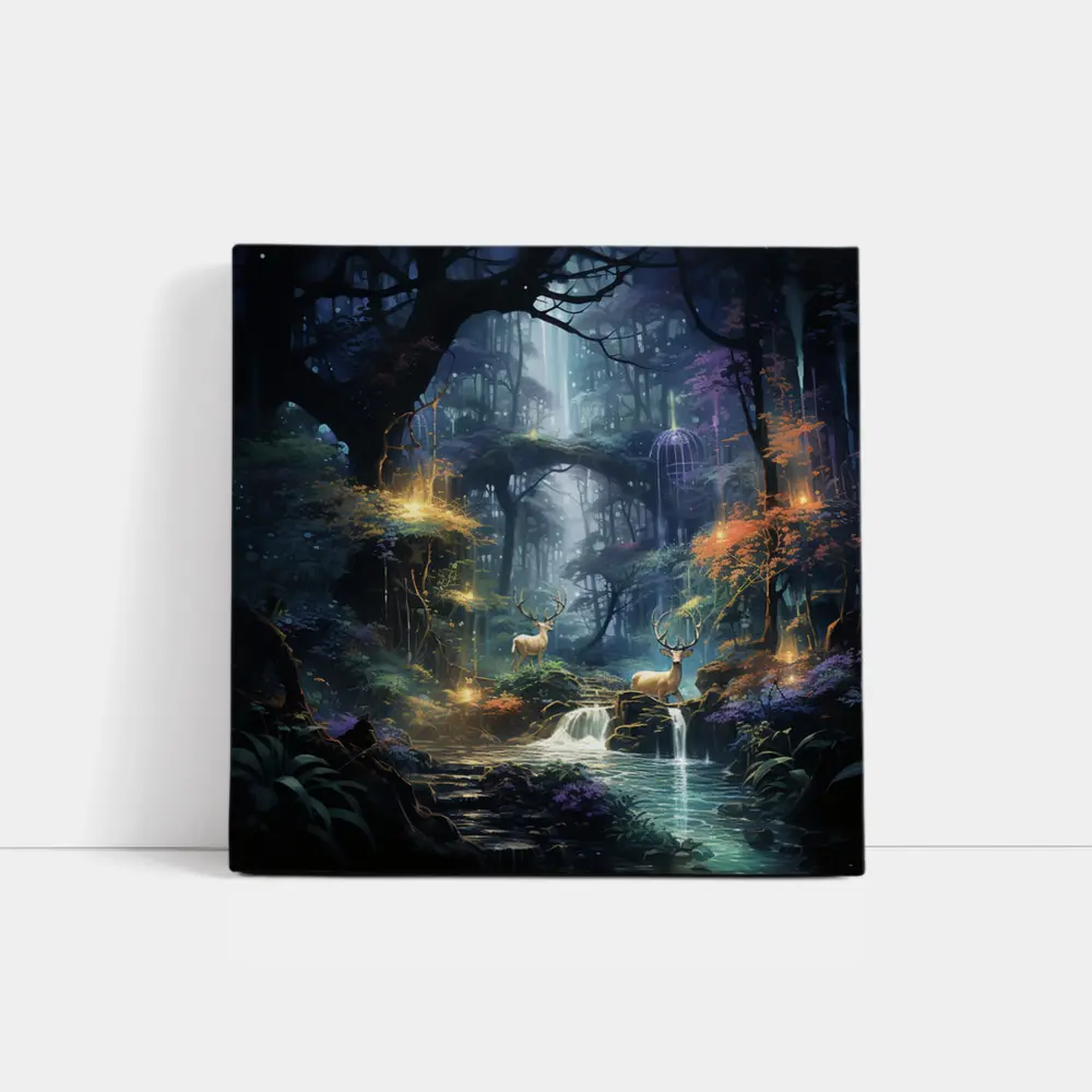 Enchanted Forest Deer by Glowing Waterfall – Wall Art