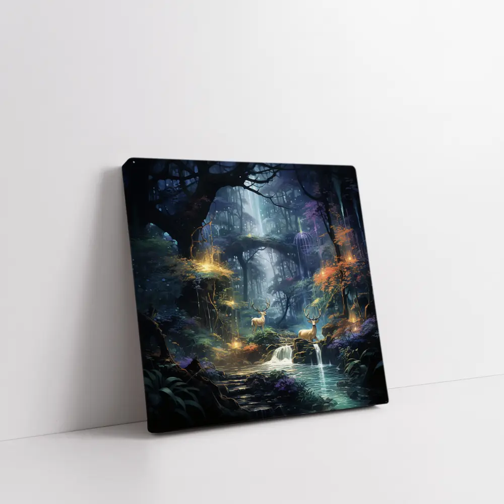 Enchanted Forest Deer by Glowing Waterfall – Wall Art