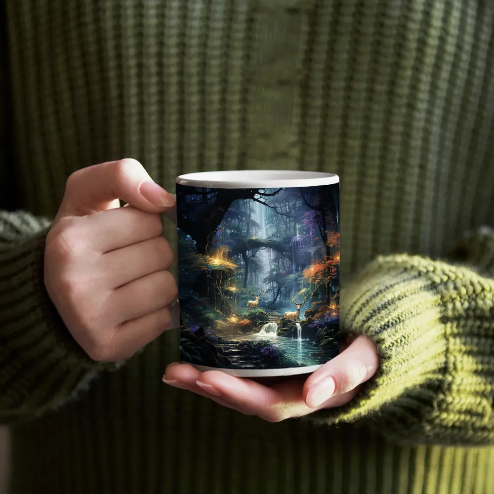 Enchanted Forest Deer by Glowing Waterfall – Mugs