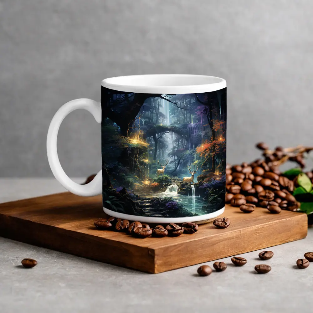 Enchanted Forest Deer by Glowing Waterfall – Mugs