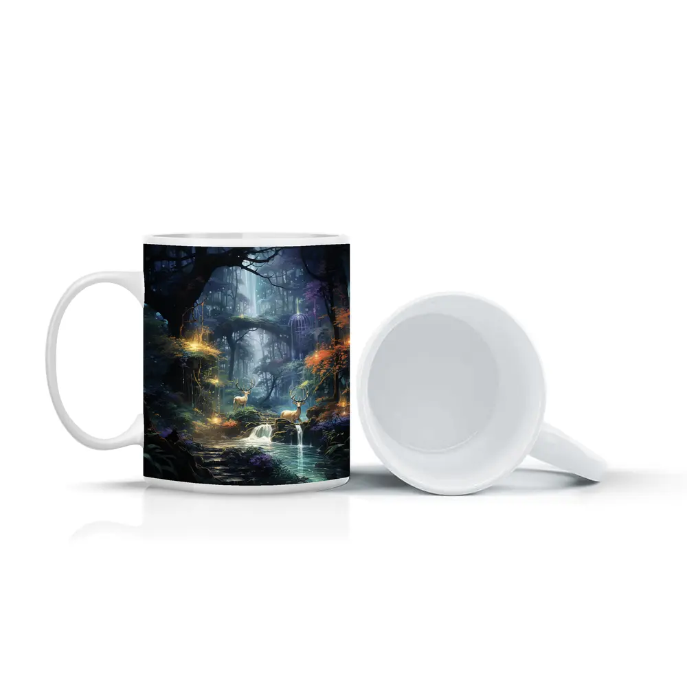 Enchanted Forest Deer by Glowing Waterfall – Mugs