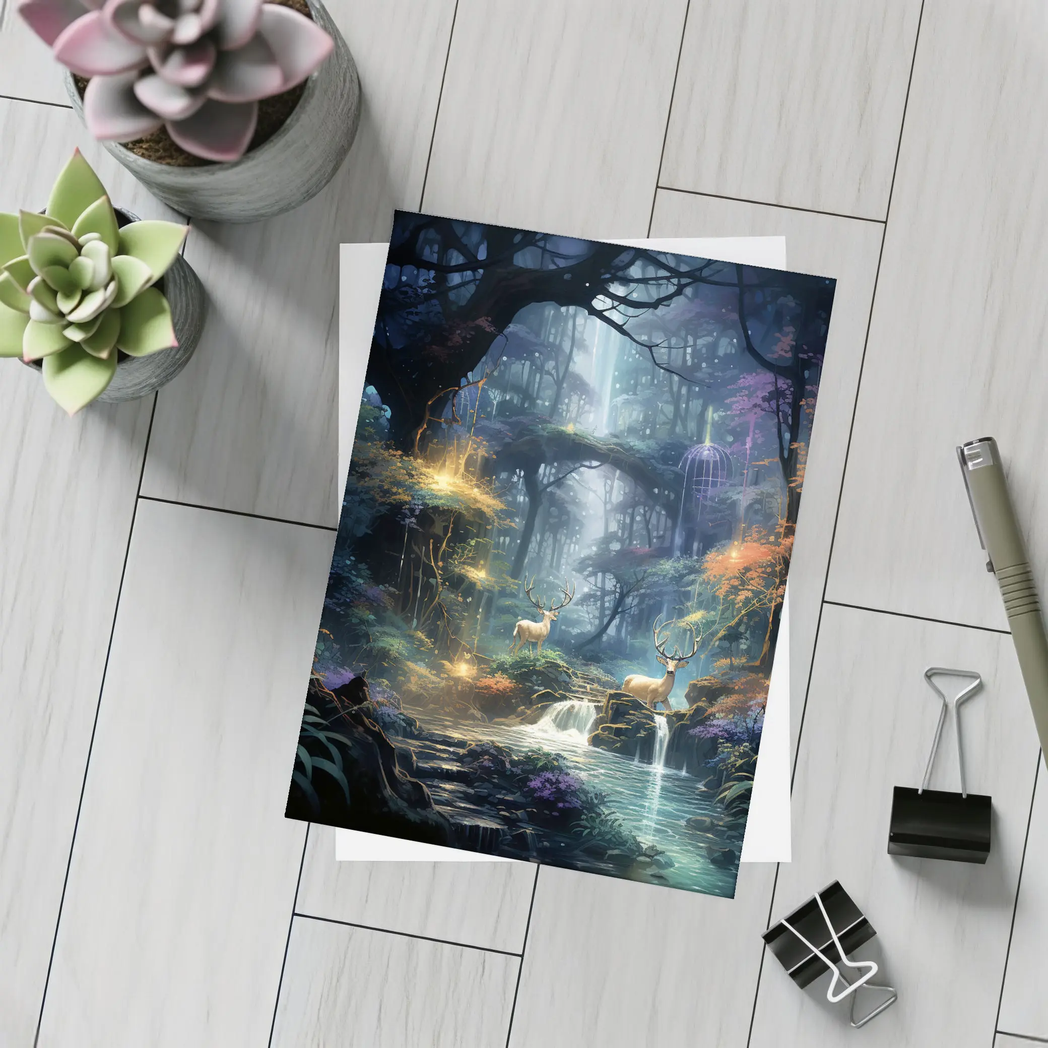 Enchanted Forest Deer by Glowing Waterfall – Postcards