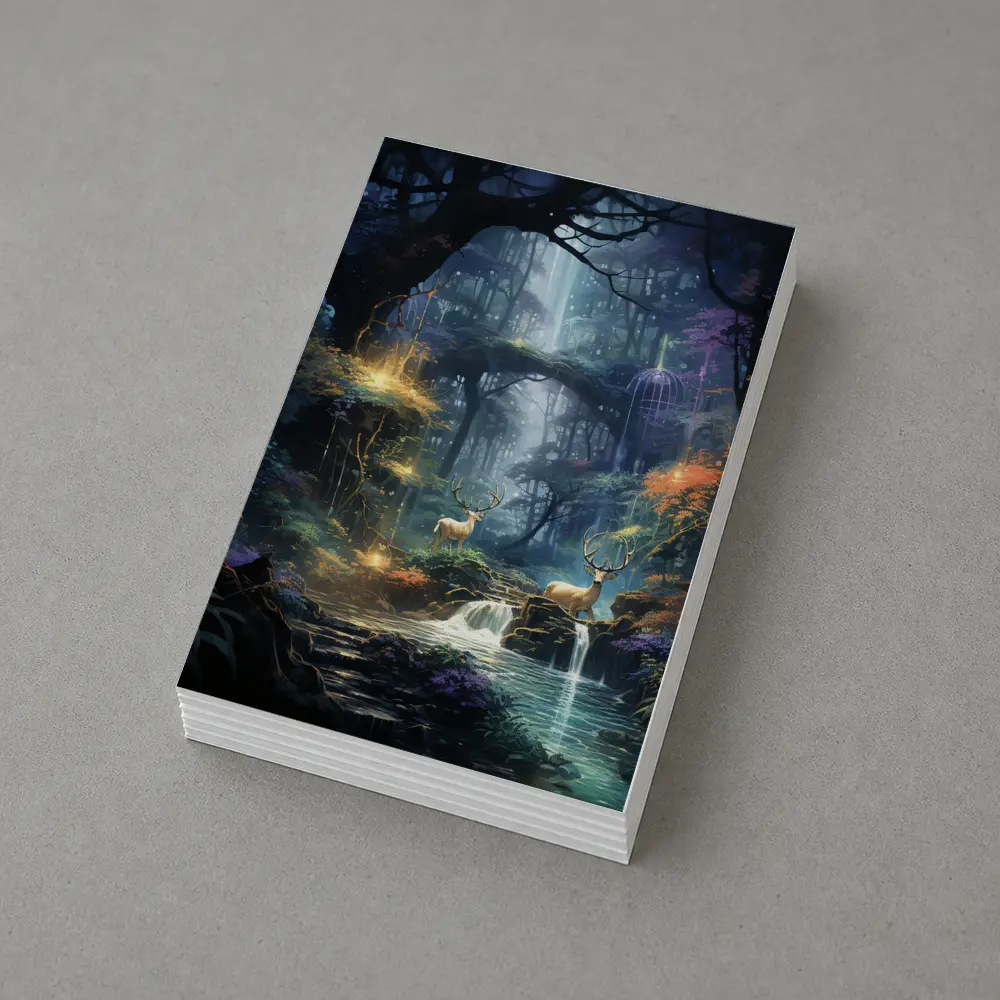 Enchanted Forest Deer by Glowing Waterfall – Postcards