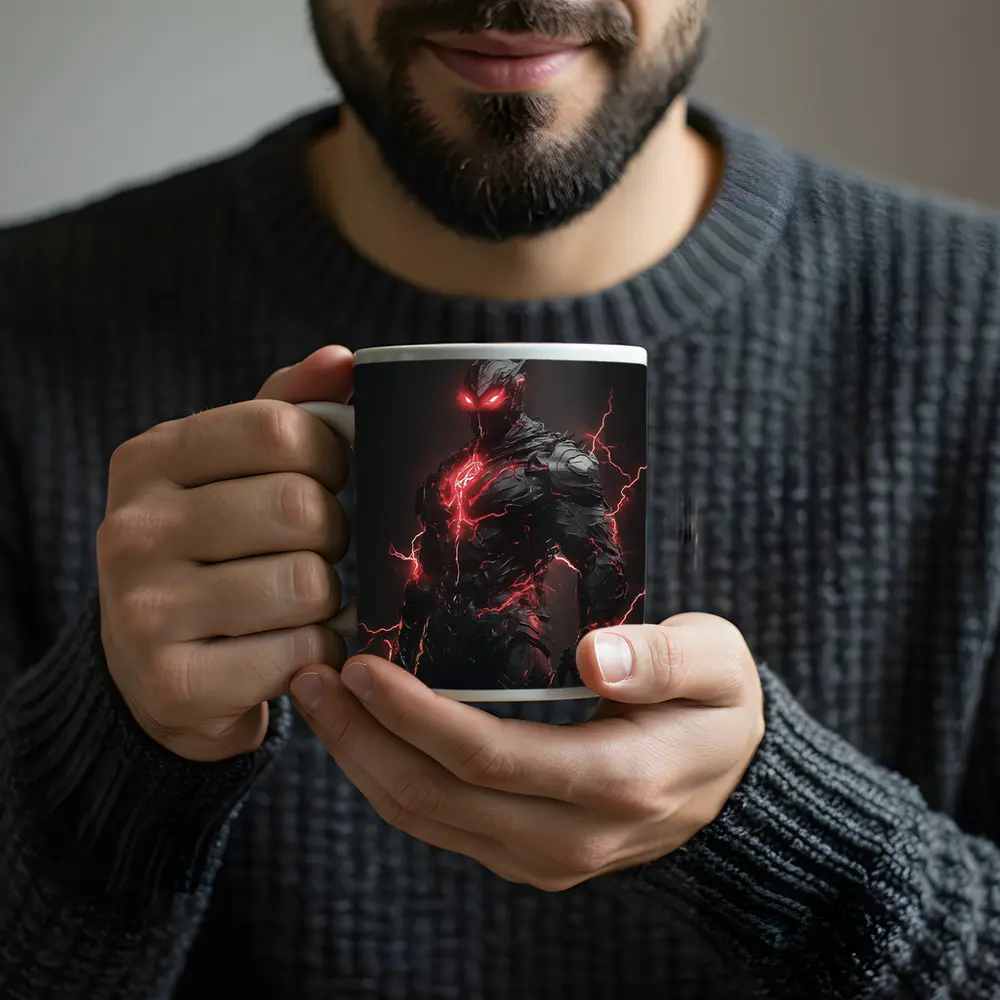 Dark Armored Warrior Red Lightning Fantasy Art – Mugs
