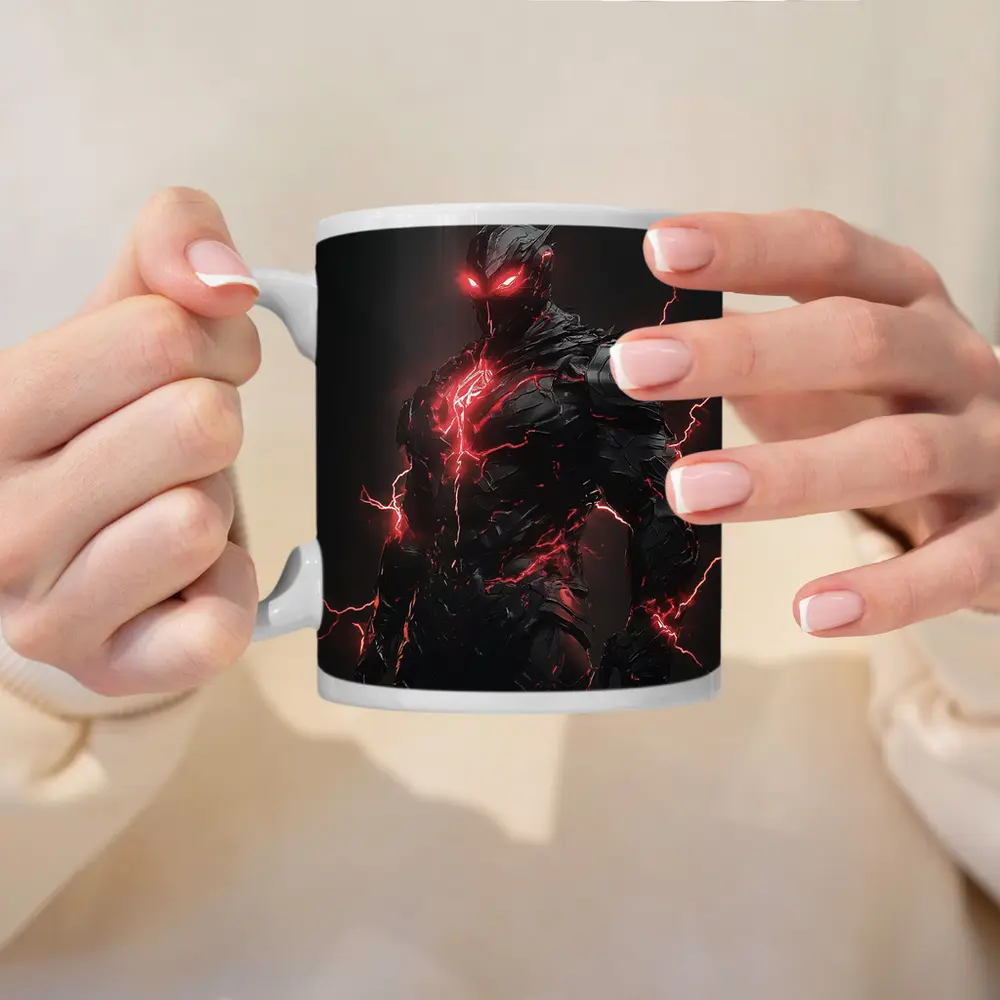 Dark Armored Warrior Red Lightning Fantasy Art – Mugs