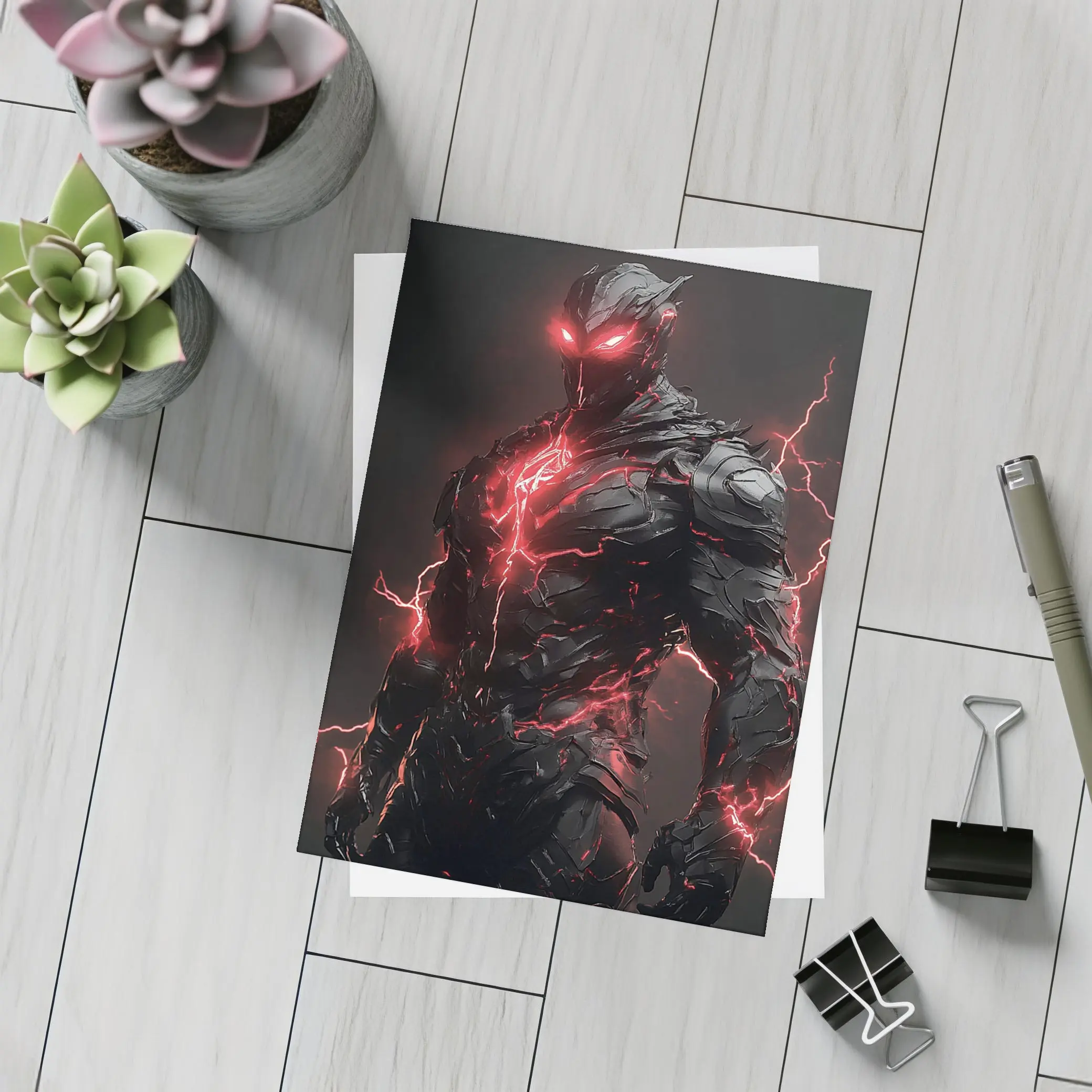 Dark Armored Warrior Red Lightning Fantasy Art – Postcards