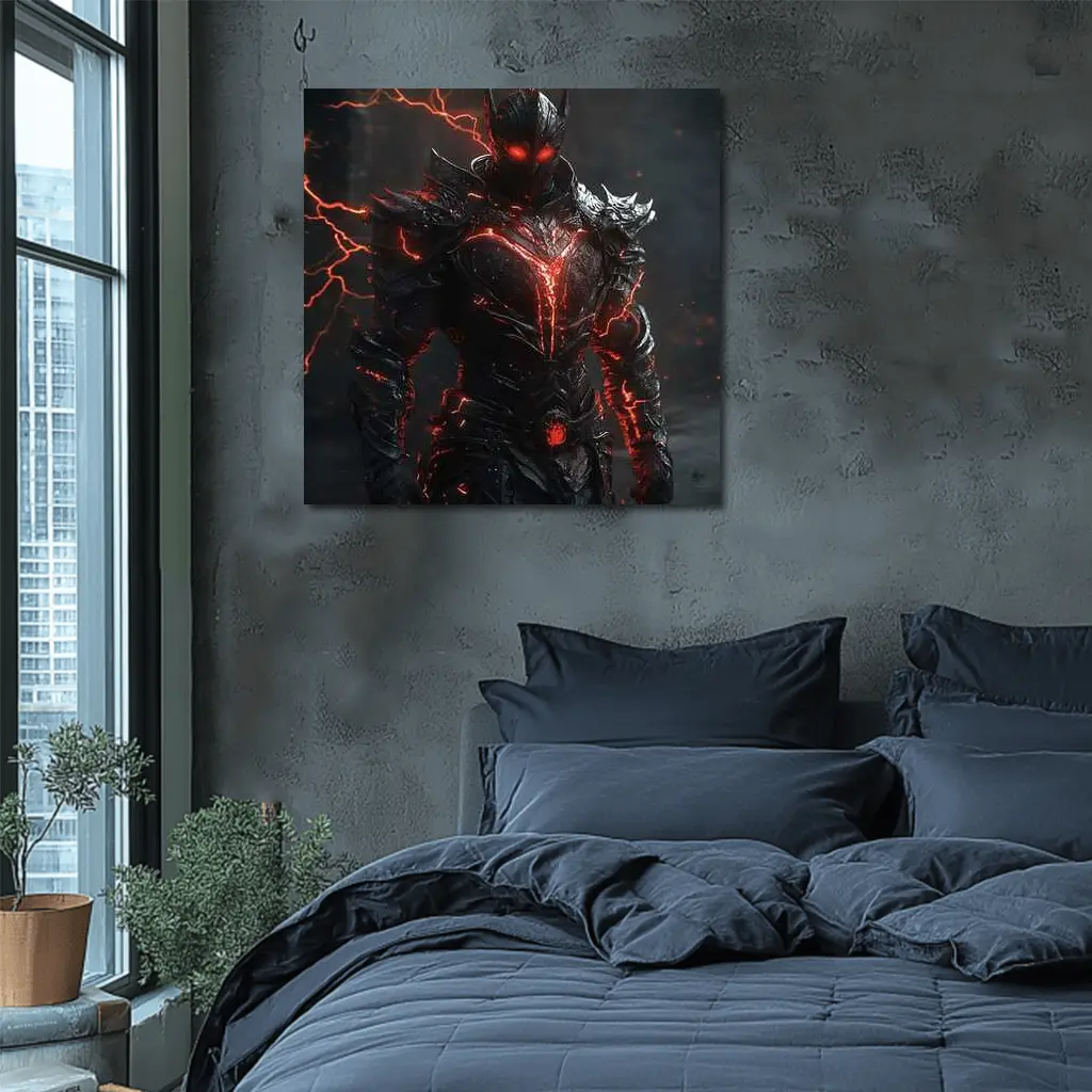 Dark Armored Warrior Glowing Red Lightning – Wall Art