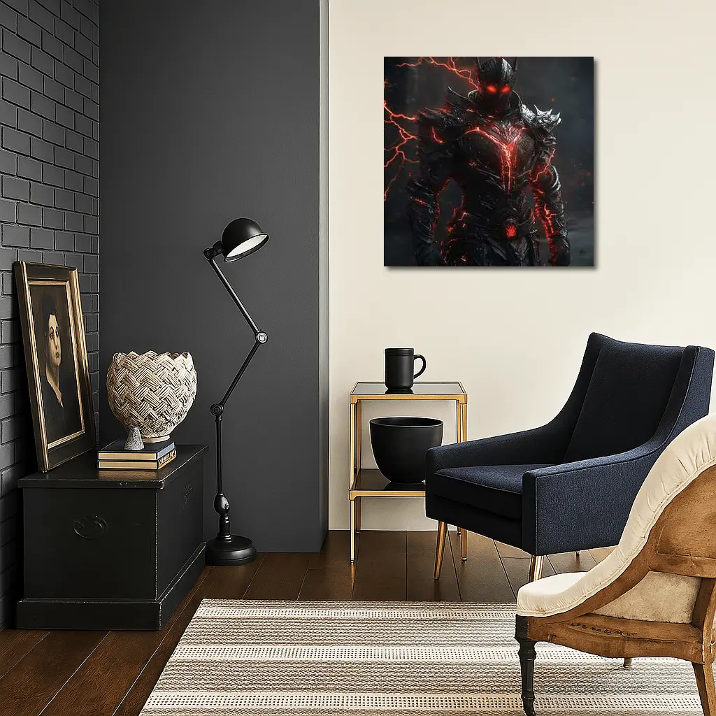 Dark Armored Warrior Glowing Red Lightning – Wall Art
