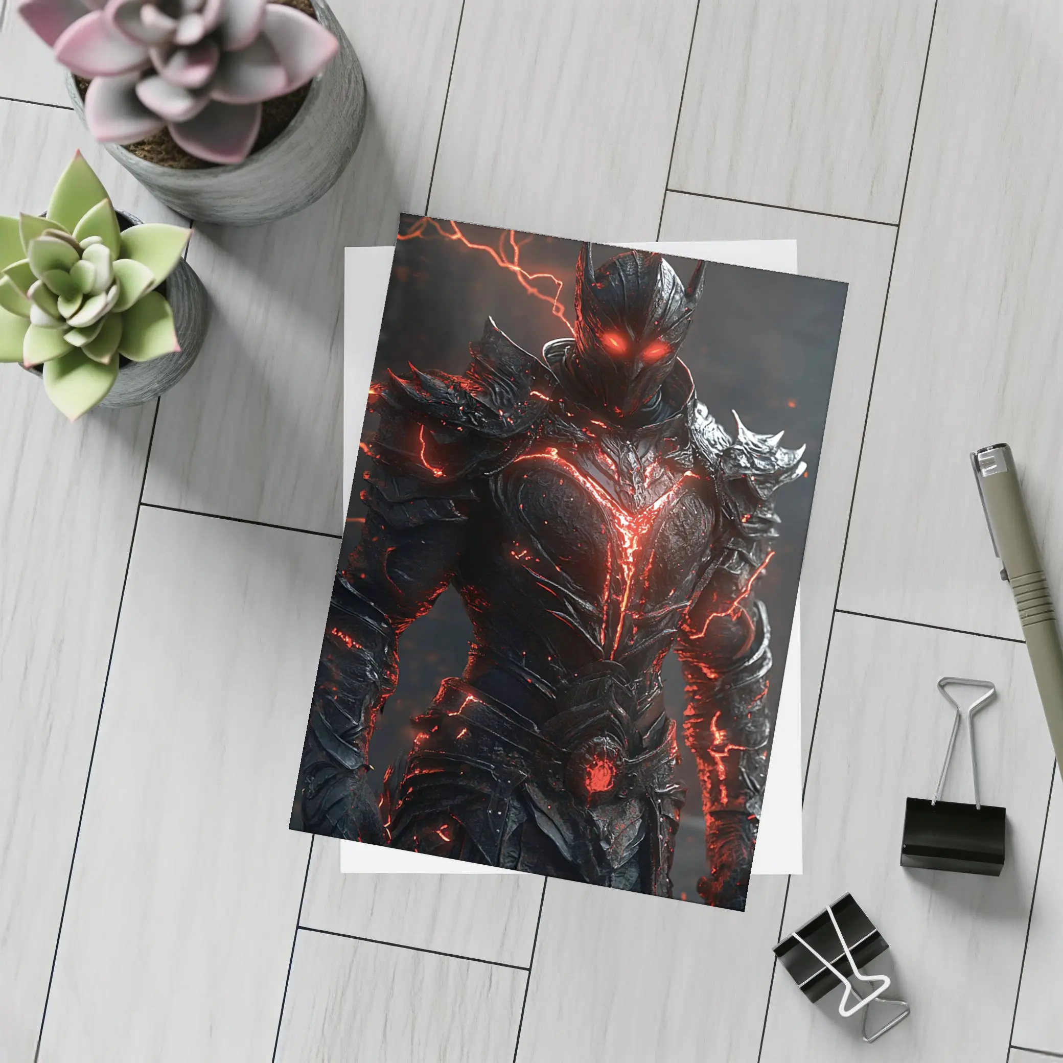 Dark Armored Warrior Glowing Red Lightning – Postcards