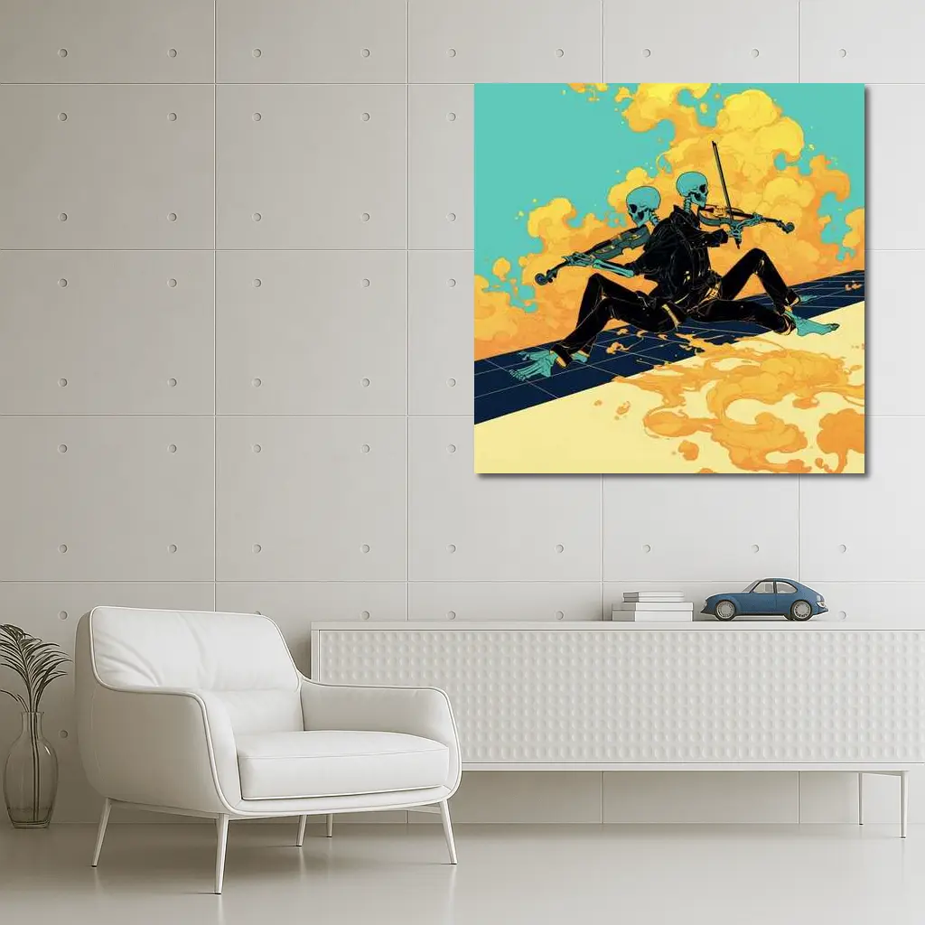 Skeleton Duo Playing Violin Teal Background – Wall Art