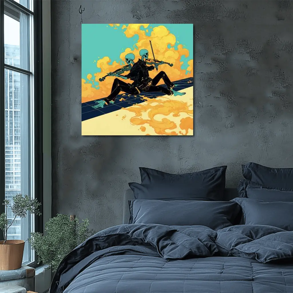 Skeleton Duo Playing Violin Teal Background – Wall Art