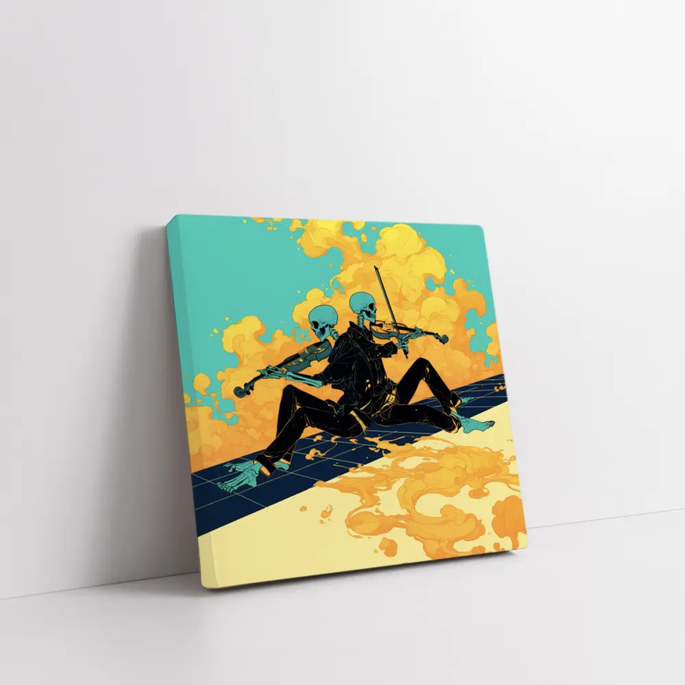 Skeleton Duo Playing Violin Teal Background – Wall Art