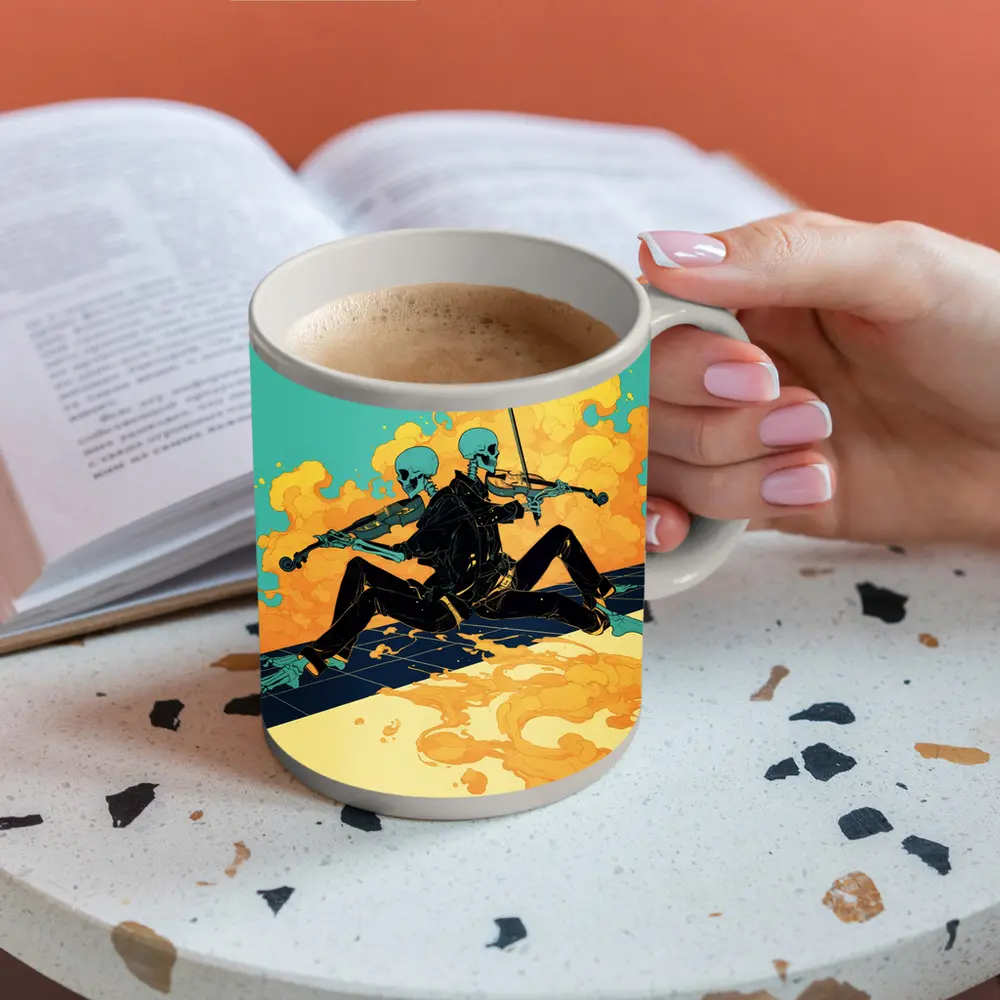 Skeleton Duo Playing Violin Teal Background – Mugs
