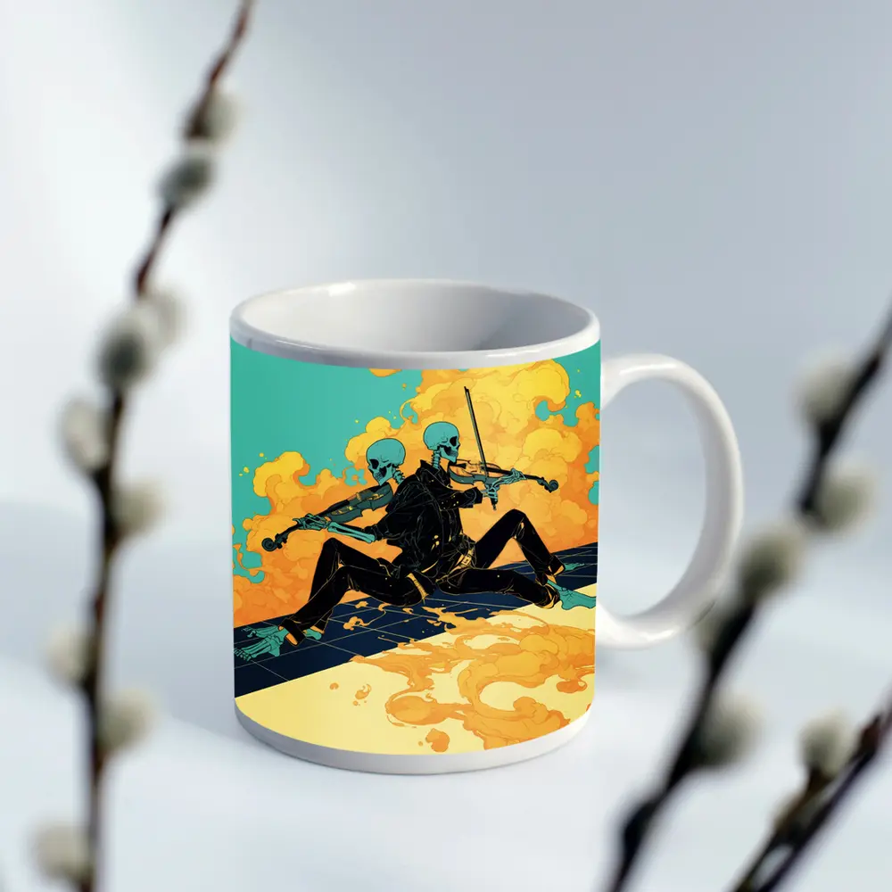 Skeleton Duo Playing Violin Teal Background – Mugs
