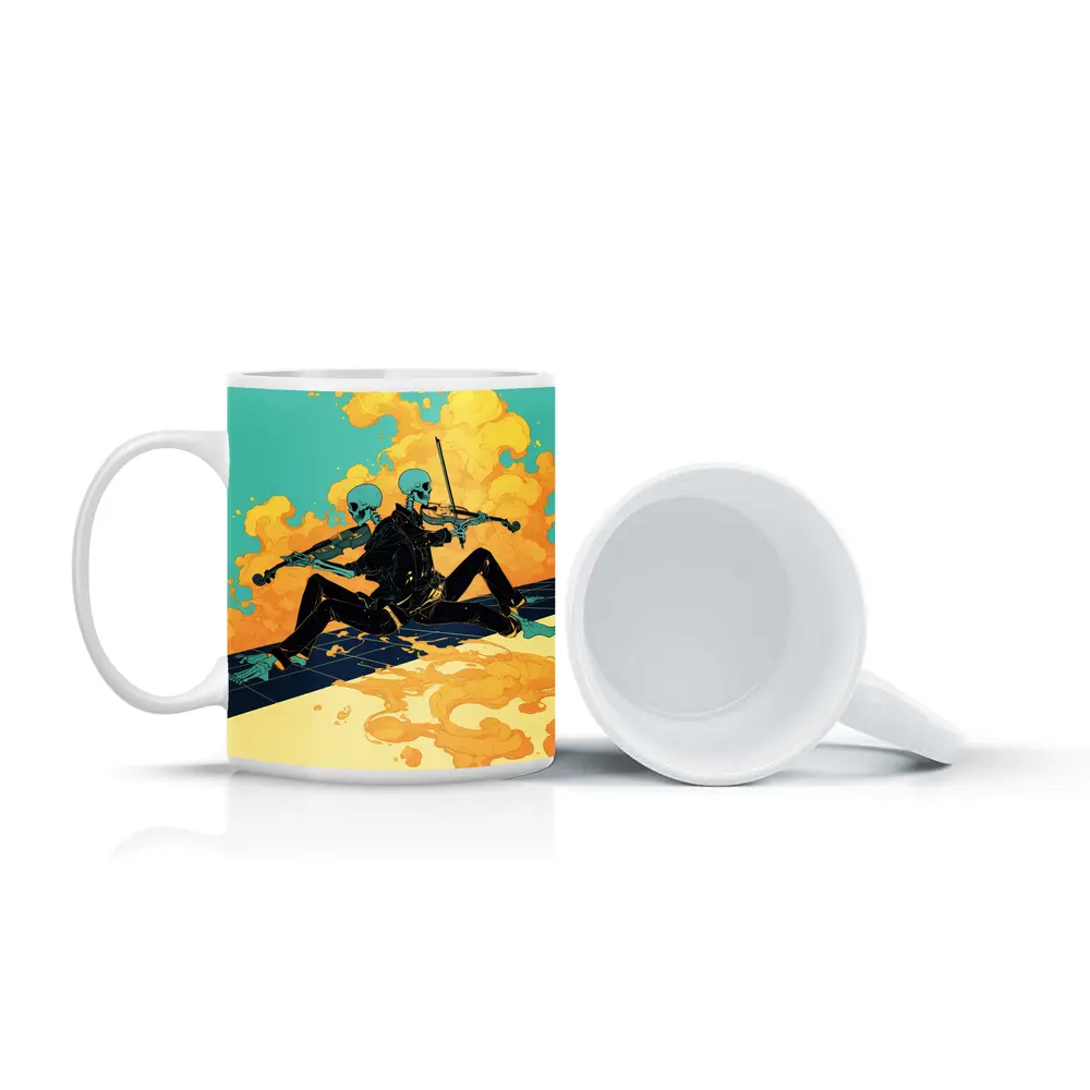 Skeleton Duo Playing Violin Teal Background – Mugs