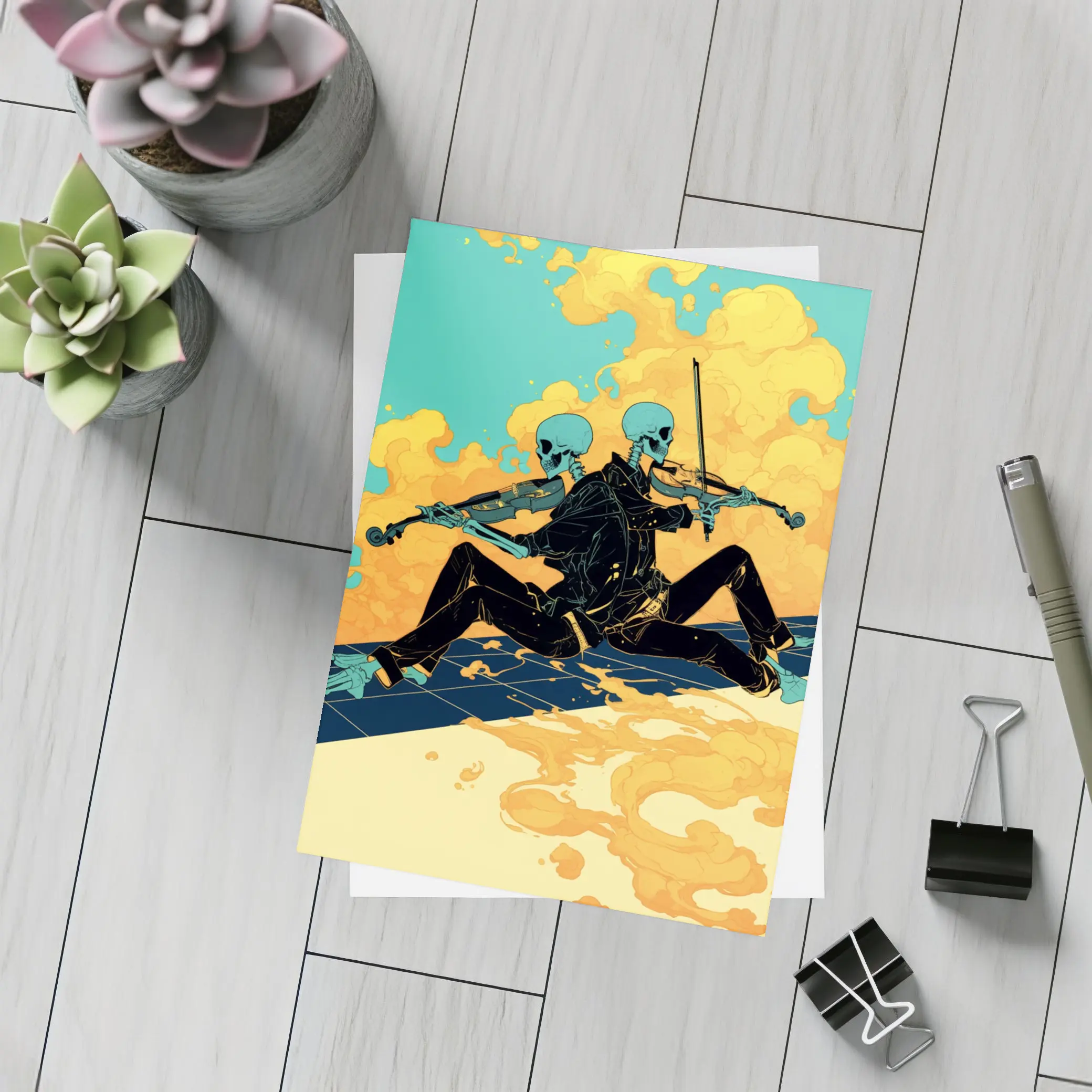 Skeleton Duo Playing Violin Teal Background – Postcards