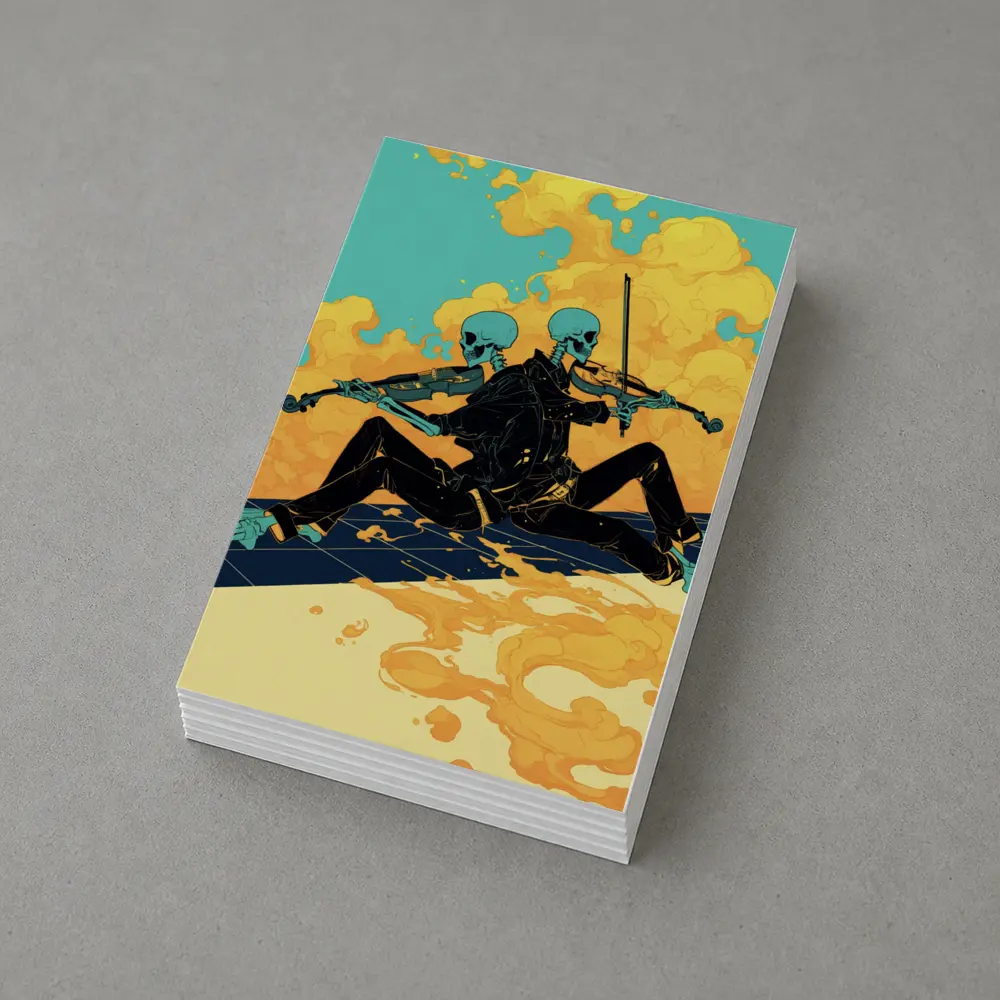 Skeleton Duo Playing Violin Teal Background – Postcards