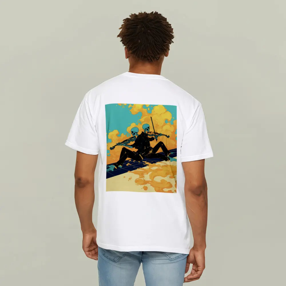 Skeleton Duo Playing Violin Teal Background – T-Shirts