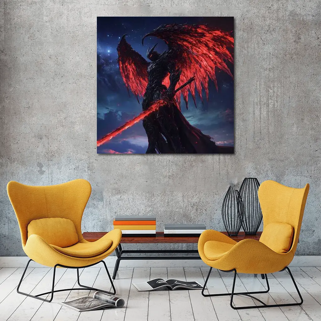 Dark Demon Warrior Red Wings Night Sky – Wall Art