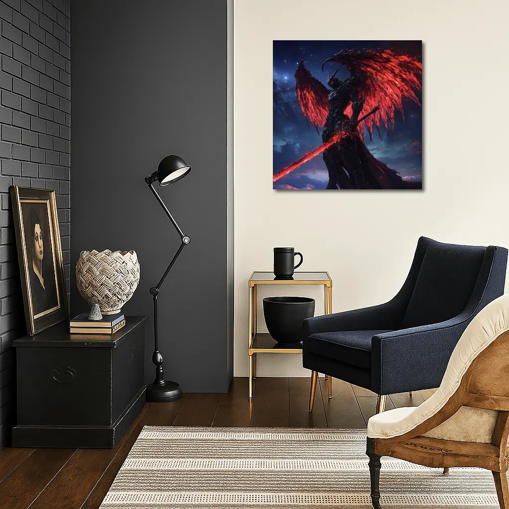 Dark Demon Warrior Red Wings Night Sky – Wall Art