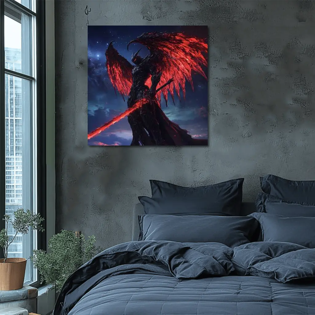 Dark Demon Warrior Red Wings Night Sky – Wall Art
