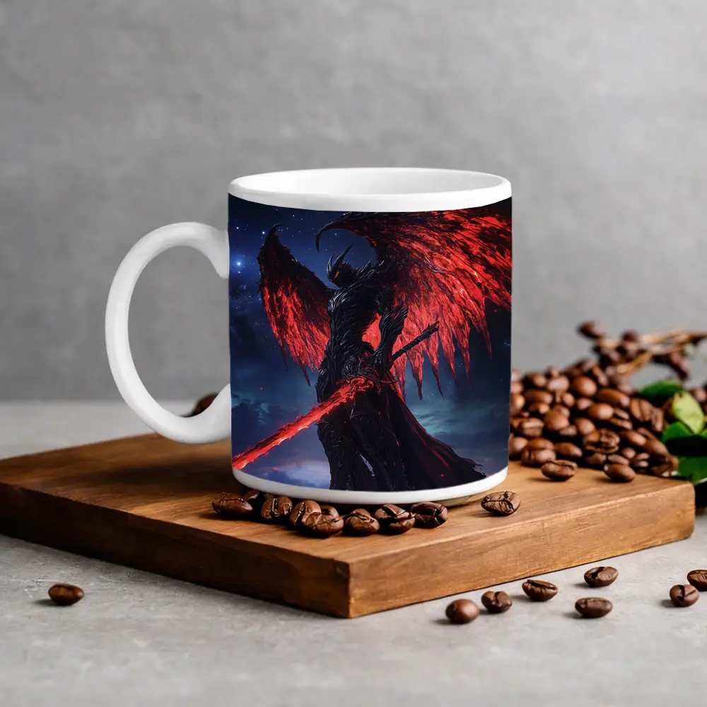 Dark Demon Warrior Red Wings Night Sky – Mugs