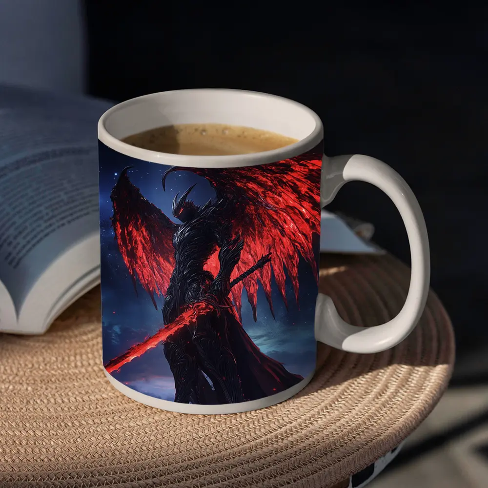 Dark Demon Warrior Red Wings Night Sky – Mugs