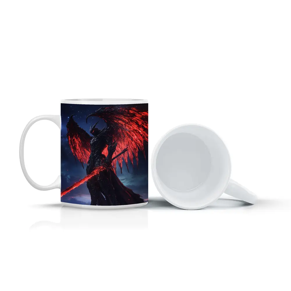 Dark Demon Warrior Red Wings Night Sky – Mugs