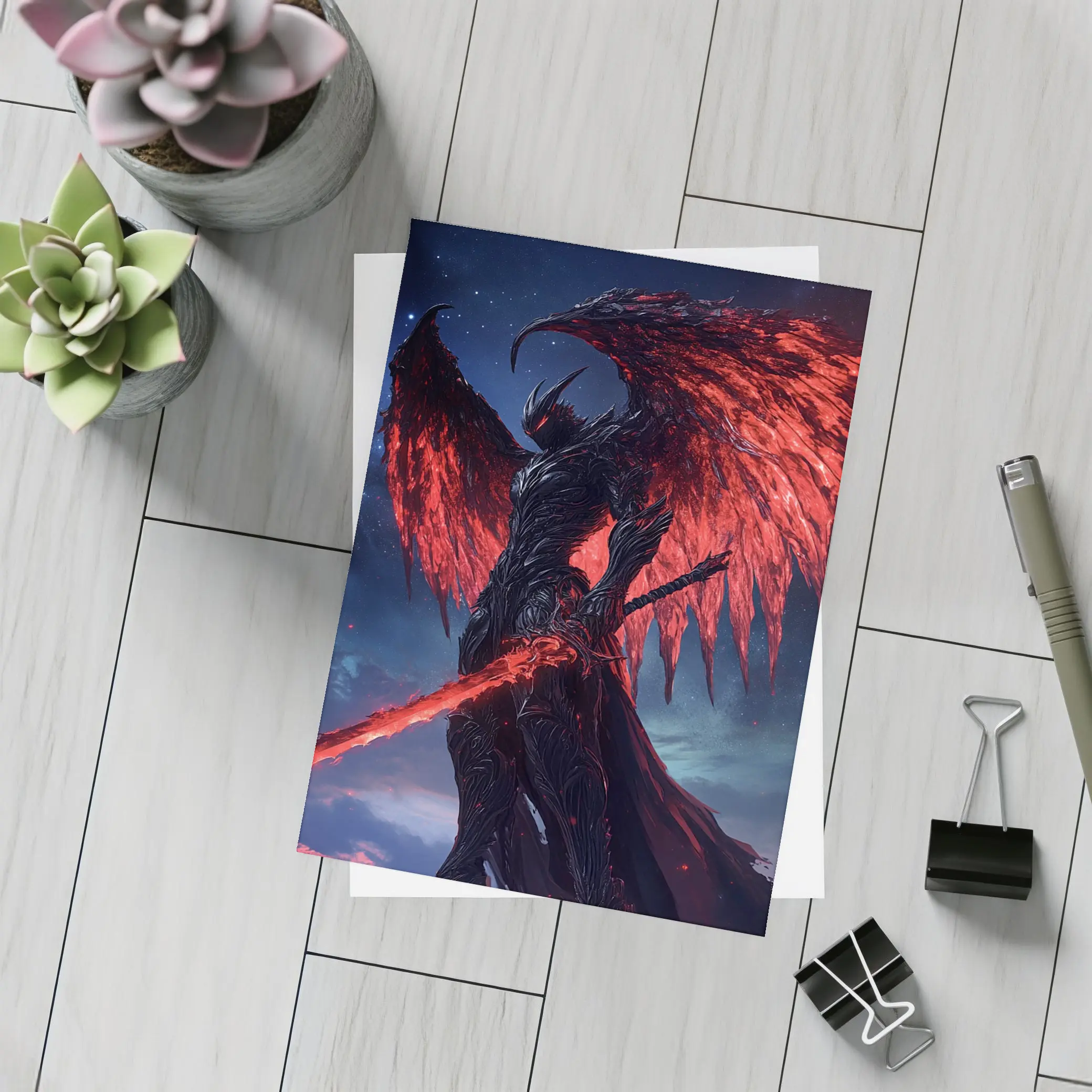 Dark Demon Warrior Red Wings Night Sky – Postcards