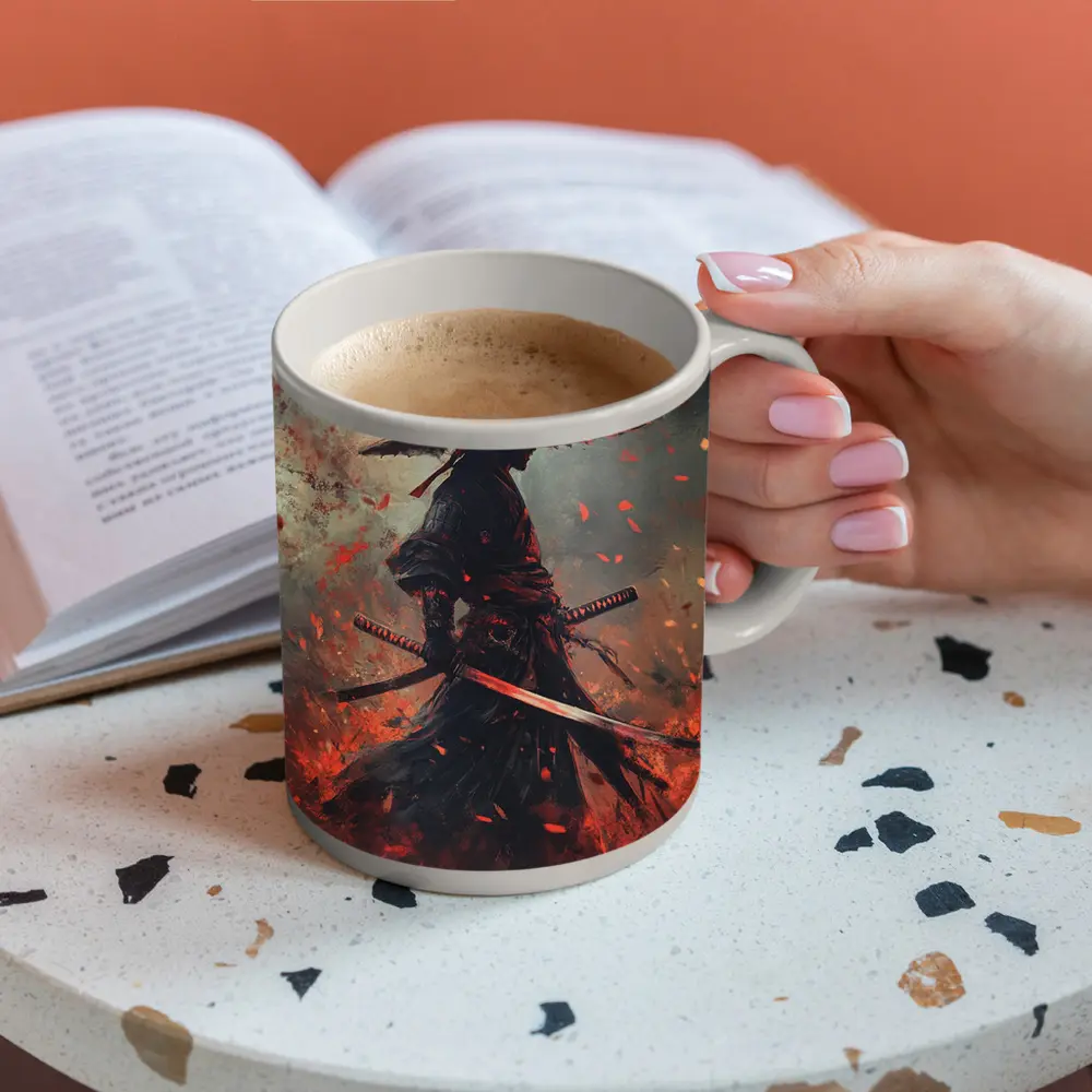 Samurai Warrior Dark Fire Petals Art – Mugs