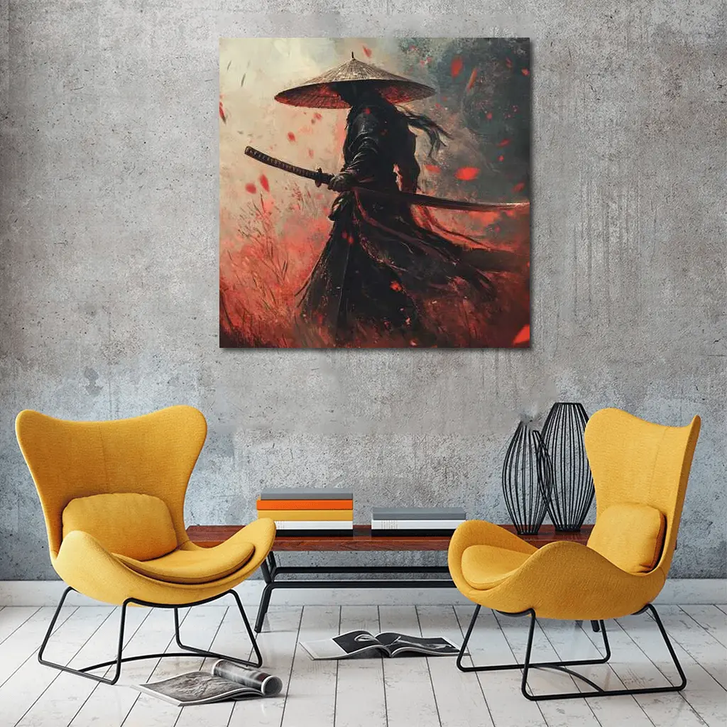 Samurai Warrior Red Petals Dark Art – Wall Art