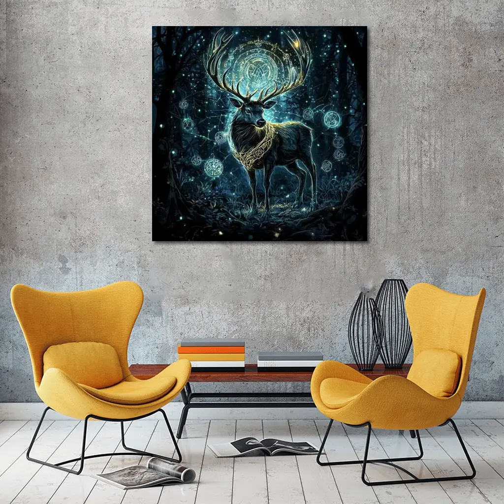 Mystical Stag Glowing Runes Dark Forest – Wall Art