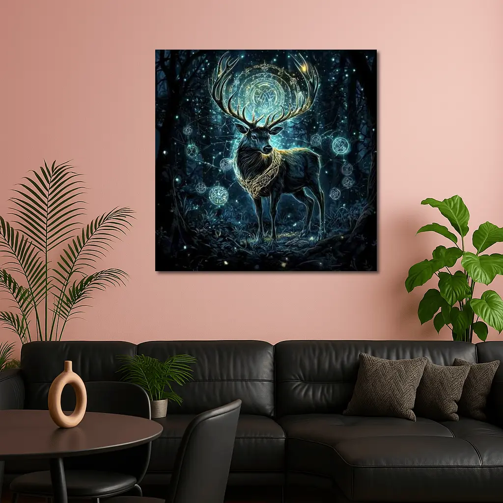 Mystical Stag Glowing Runes Dark Forest – Wall Art