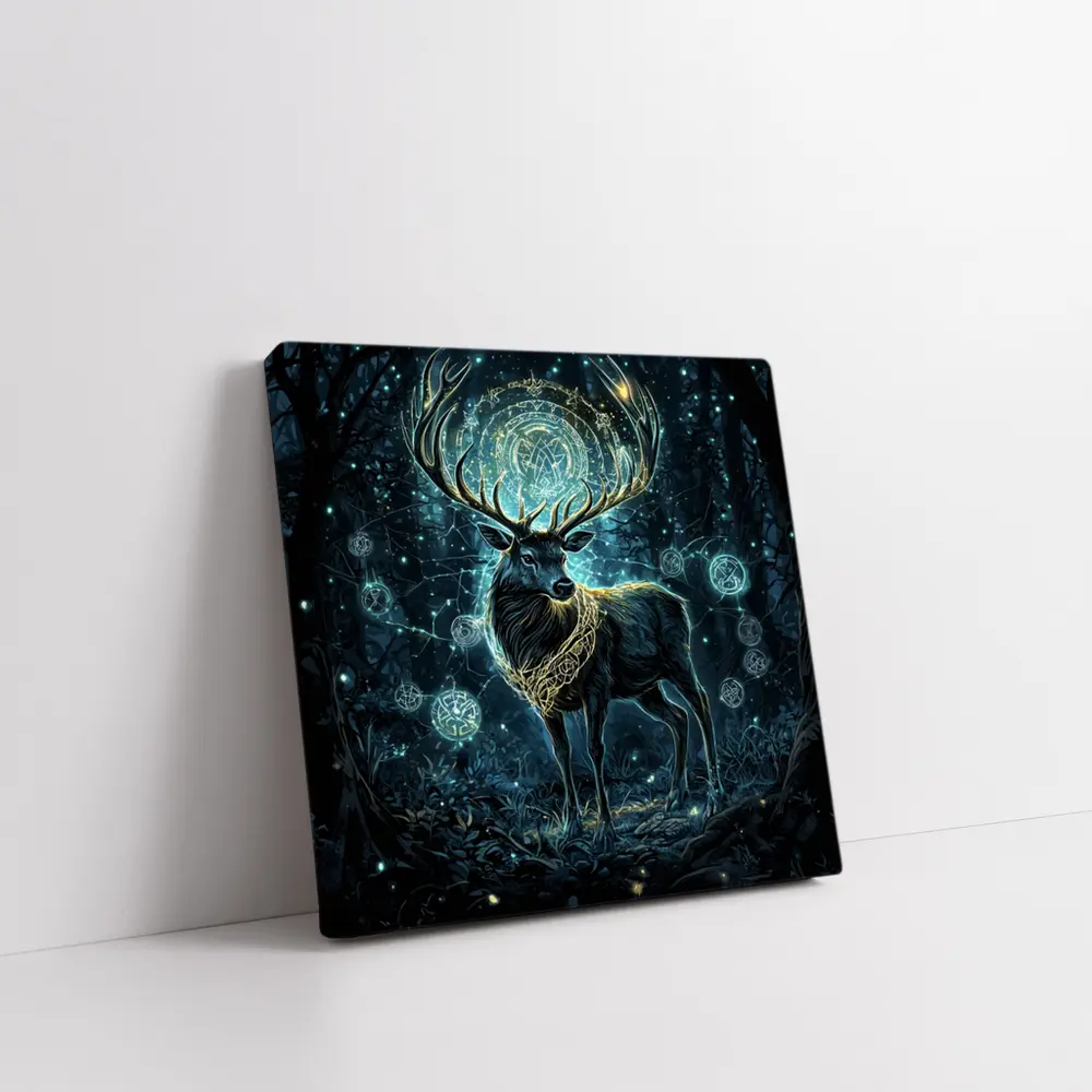 Mystical Stag Glowing Runes Dark Forest – Wall Art