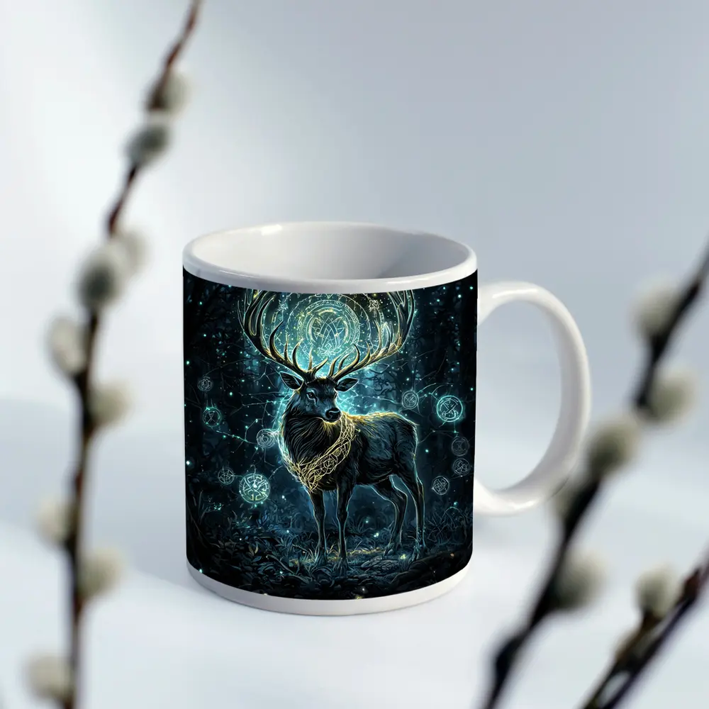 Mystical Stag Glowing Runes Dark Forest – Mugs