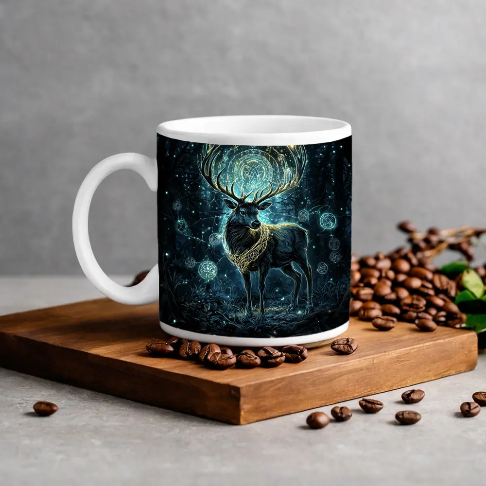 Mystical Stag Glowing Runes Dark Forest – Mugs