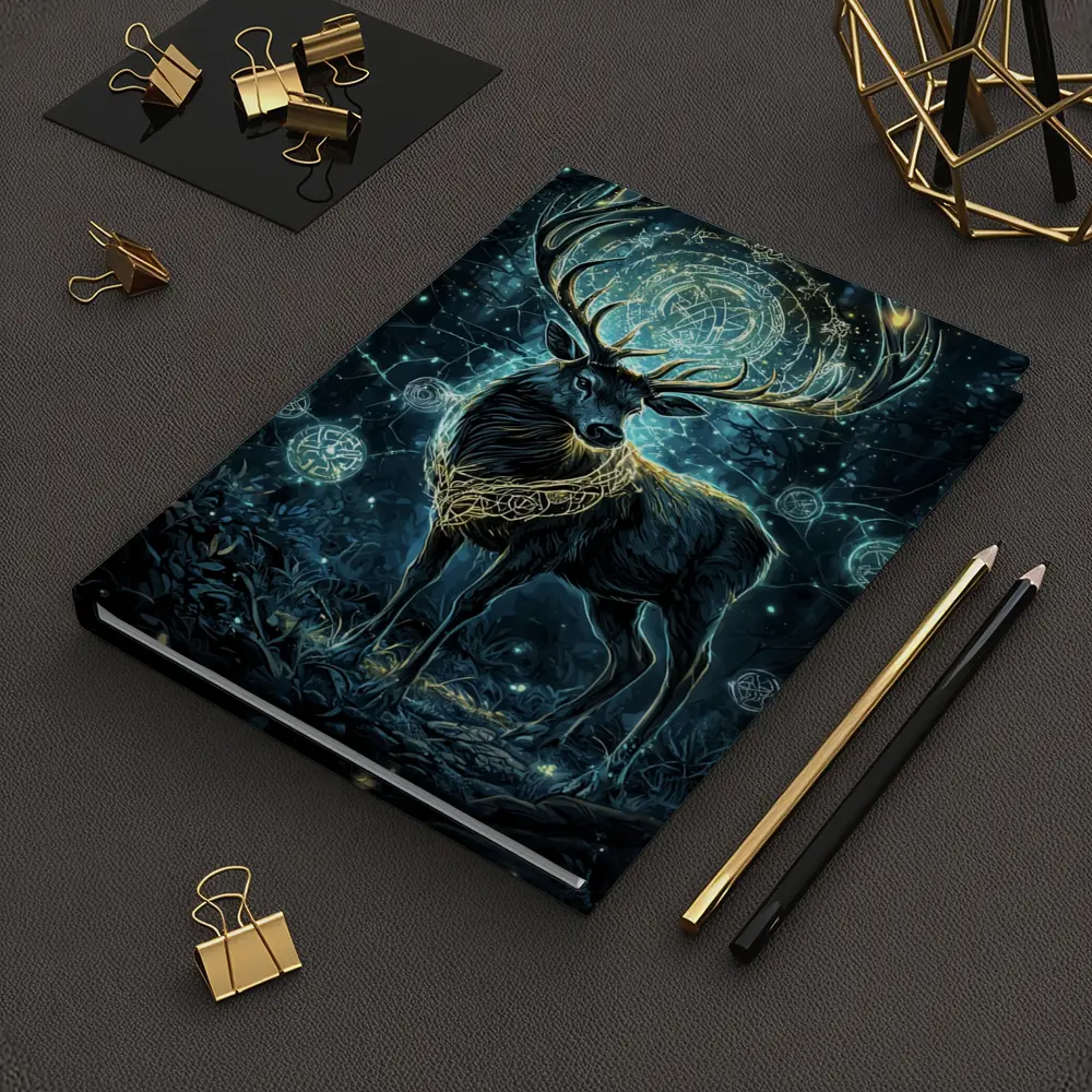 Mystical Stag Glowing Runes Dark Forest – Notebooks