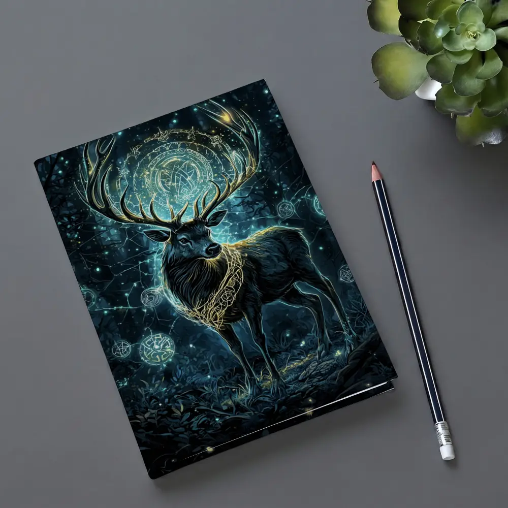 Mystical Stag Glowing Runes Dark Forest – Notebooks