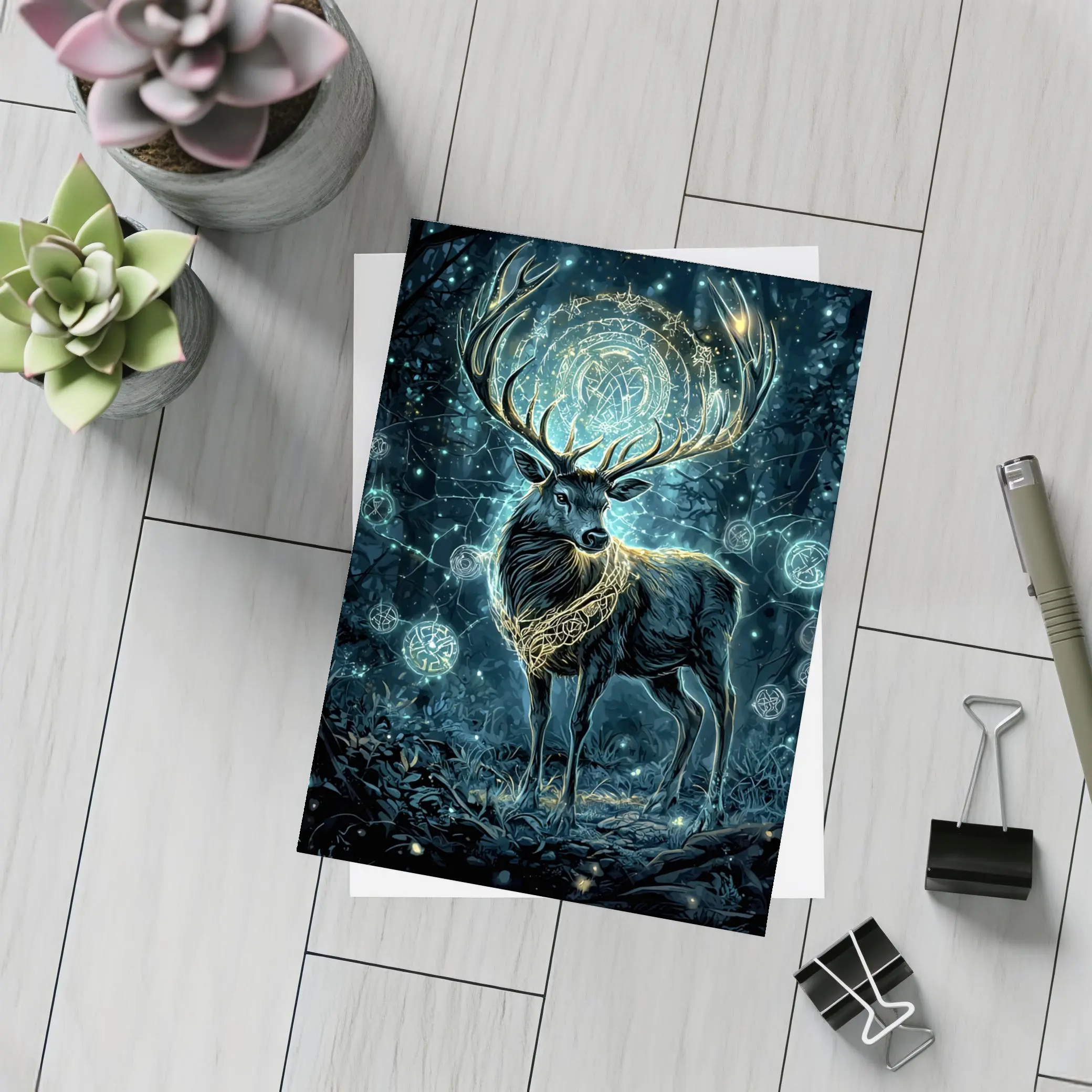 Mystical Stag Glowing Runes Dark Forest – Postcards
